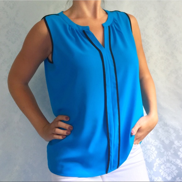 NWT Calvin Klein Blue Piped Sleeveless Blouse - Picture 2 of 8